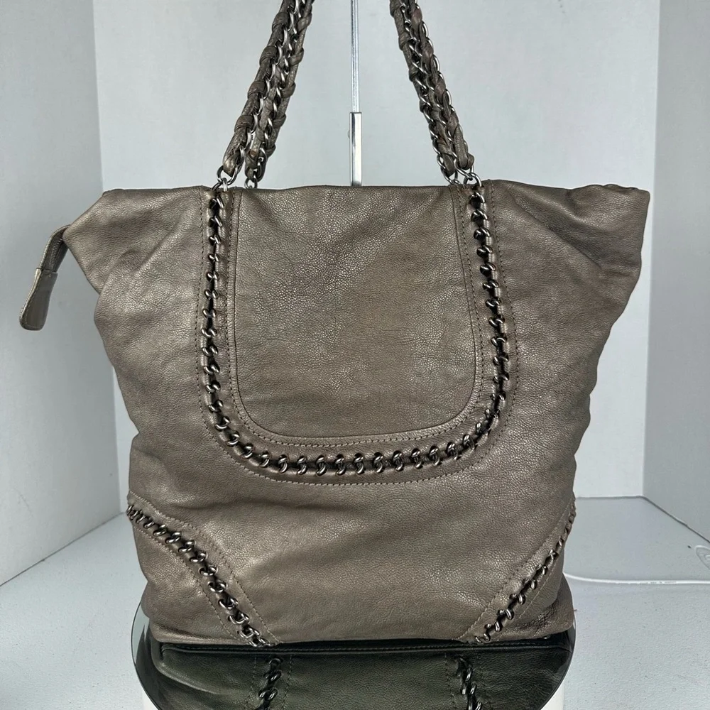 Chanel Metallic Silver Chain-Trim Leather Tote